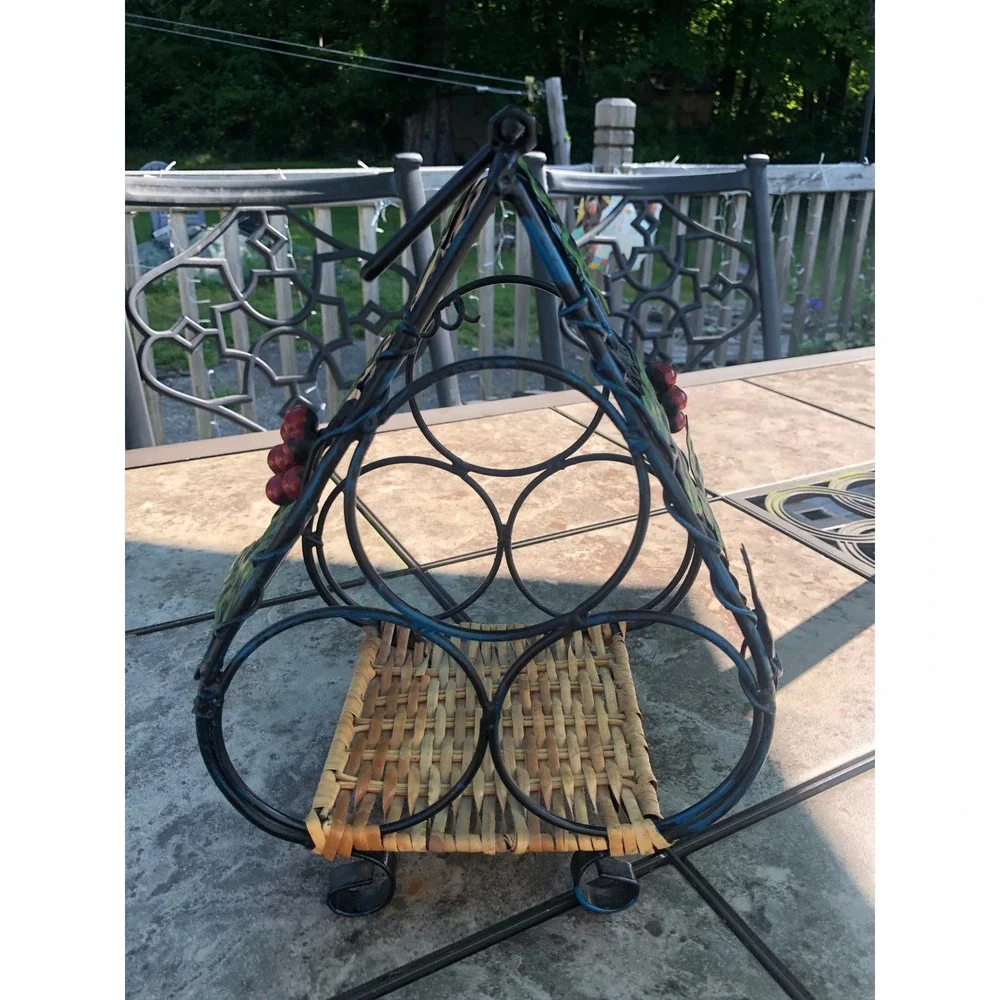 Vintage Tuscany metal Grapevine Wine Rack Wicker Base Rustic Countertop Holder